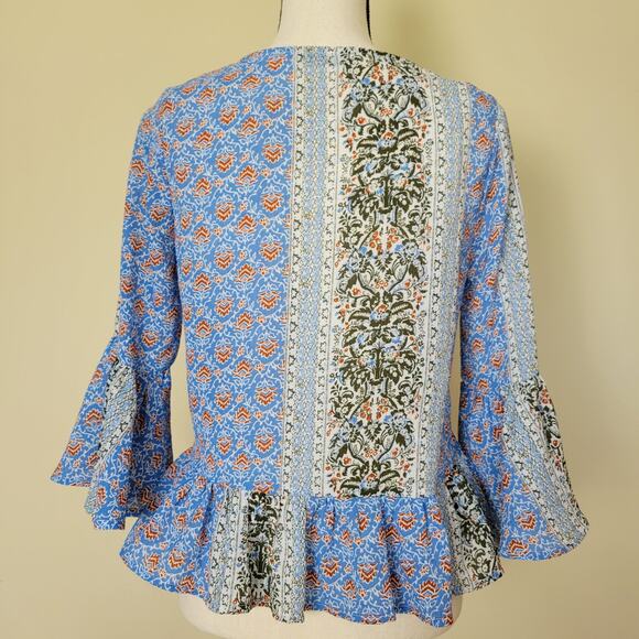 Glamorous Size 8 Blouse Boho Hippie V-Neck Pullover Ruffled Peplum Bell Sleeves - Picture 7 of 15